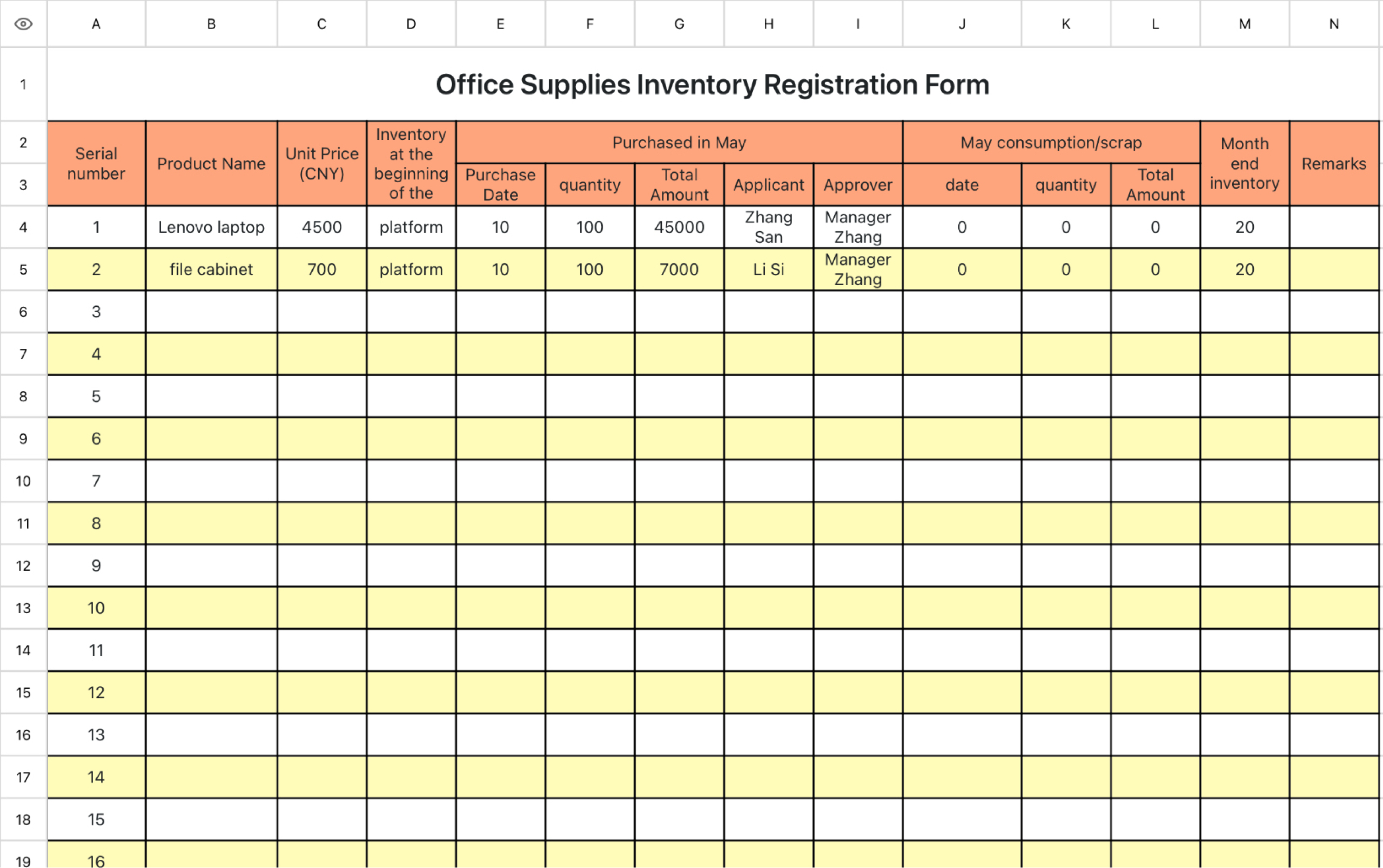Office Supplies Inventory Registration Form